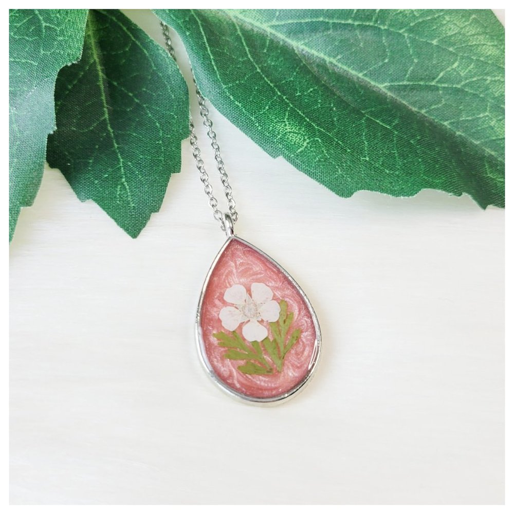 Floral Teardrop Necklace Metallic Blush PinkCream Pressed Dried Flower Pendant